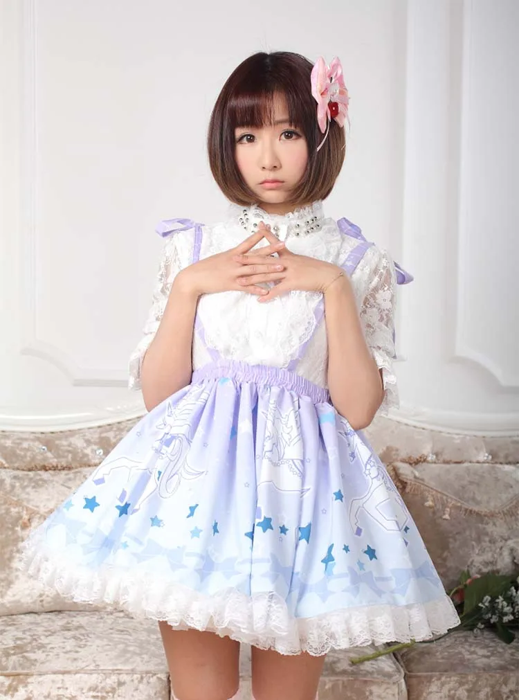 Принцесса сладкий Лолита Юбки с оригинальным принтом Pegasus синий бант со складками кружева половина длины юбка Модные женские GZWY088