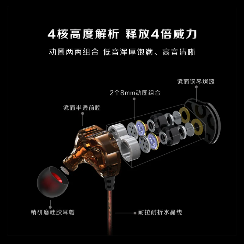 LOPPO D1 Zebra crossing Wired earphone in ear high quality Quad core double moving coil Sport Earphone Jack 3 5mm for Xiaomi