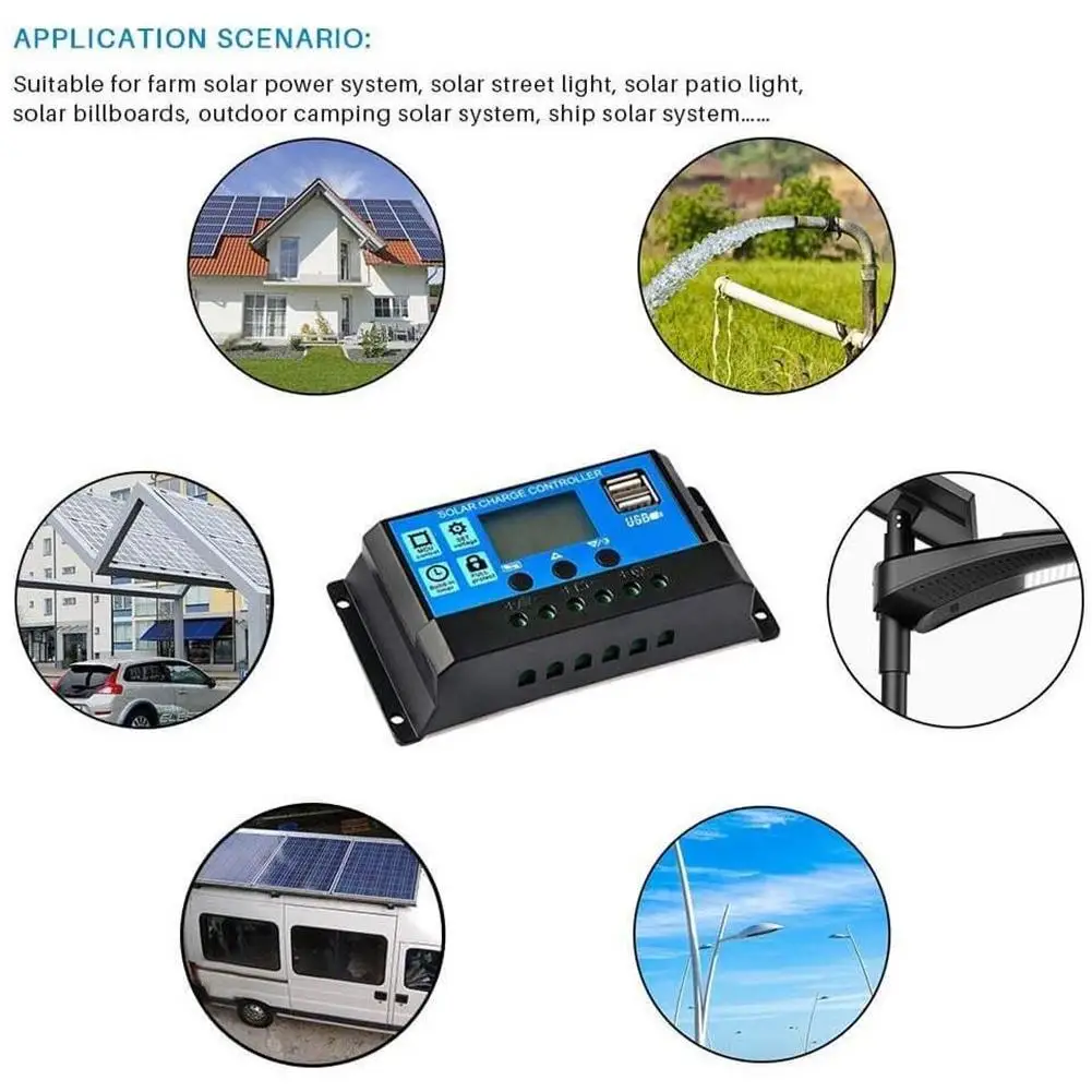 60A/50A/40A/30A/20A/10A 12V 24V Auto Solar Charge Controller PWM Controllers LCD Dual USB 5V Output Solar Panel PV Regulator
