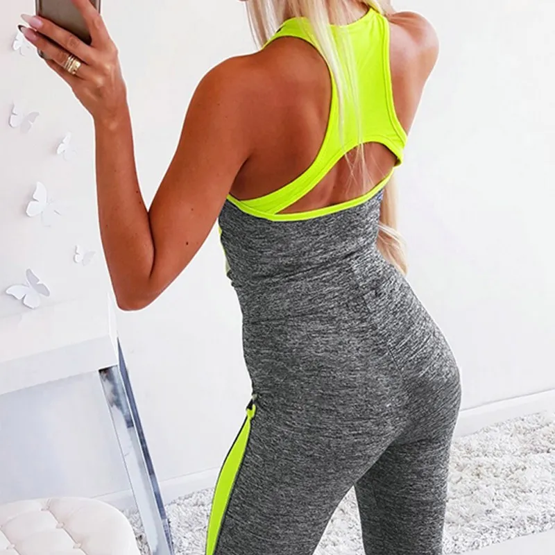 Women\'s jumpsuit  fitness Cross Bandage strapless colorblock U neck Skinny bodysuit New Backless High waist Gym fitness