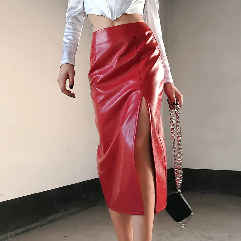Женская сексуальная юбка из искусственной кожи с высокой талией, с разрезом, на молнии, в стиле хип-хоп, посылка, красные, облегающие, женские, вечерние, для ночного клуба, кожаные, миди юбки