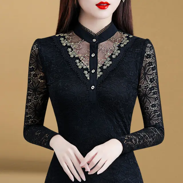 2020 Autumn Winter Women Lace Embroidery Beading Blouse Bottoming Shirt Female Long-sleeved Hollow Out Stand-up Collar Tops 1