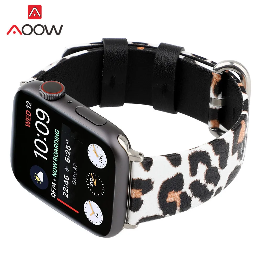 Пояса из натуральной кожи ремешок для Apple Watch 38 мм 42 модная леопардная Печать 40 44 Замена iwatch 1 2 3 4