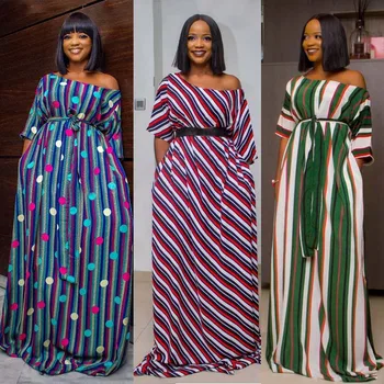 

Strip Print Long Dress with Sash Cape