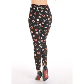 

Womens Mid Rise Skinny Leggings Contrast Color Lips Letters Pencil Pants Tights