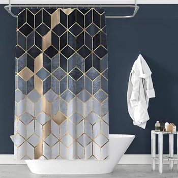 

Low Transparency Ombre Drape Bath Decor Shower Curtain Digital Printing Waterproof Geometric Grid Soft Polyester With C Rings