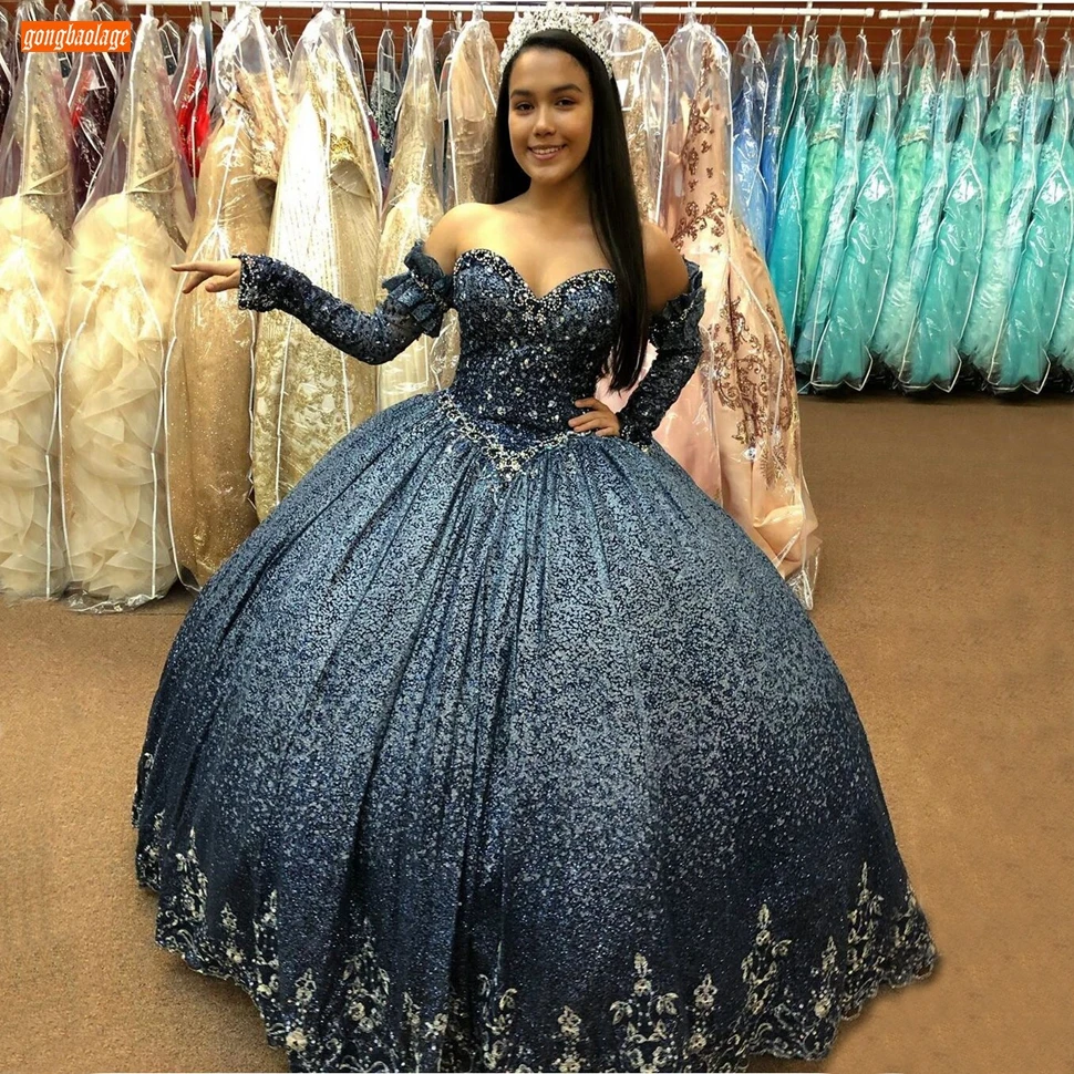 

Sexy Dark Navy Evening Gowns Lace Up Sequined Women Reflective Dresses Long Sleeves Custom Made 2020 Vestidos De Fiesta De Noche