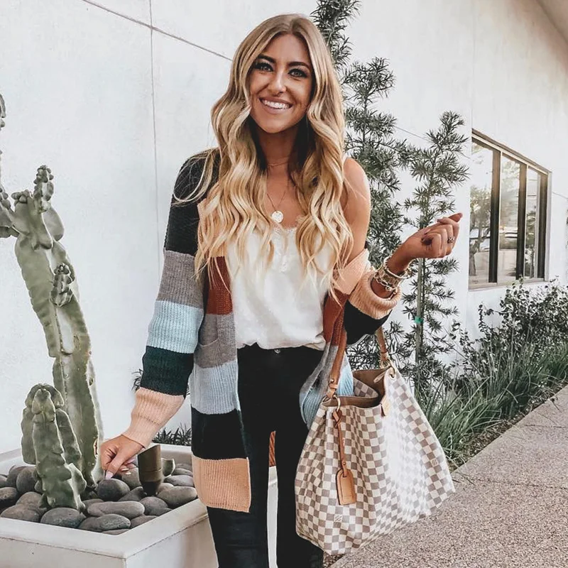 

NLW Stripe Knitted Cardigan 2019 Autumn Winter Women Casual Sweater Cardigans Long Sleeve Pockets Plus Size Chic Cardigans