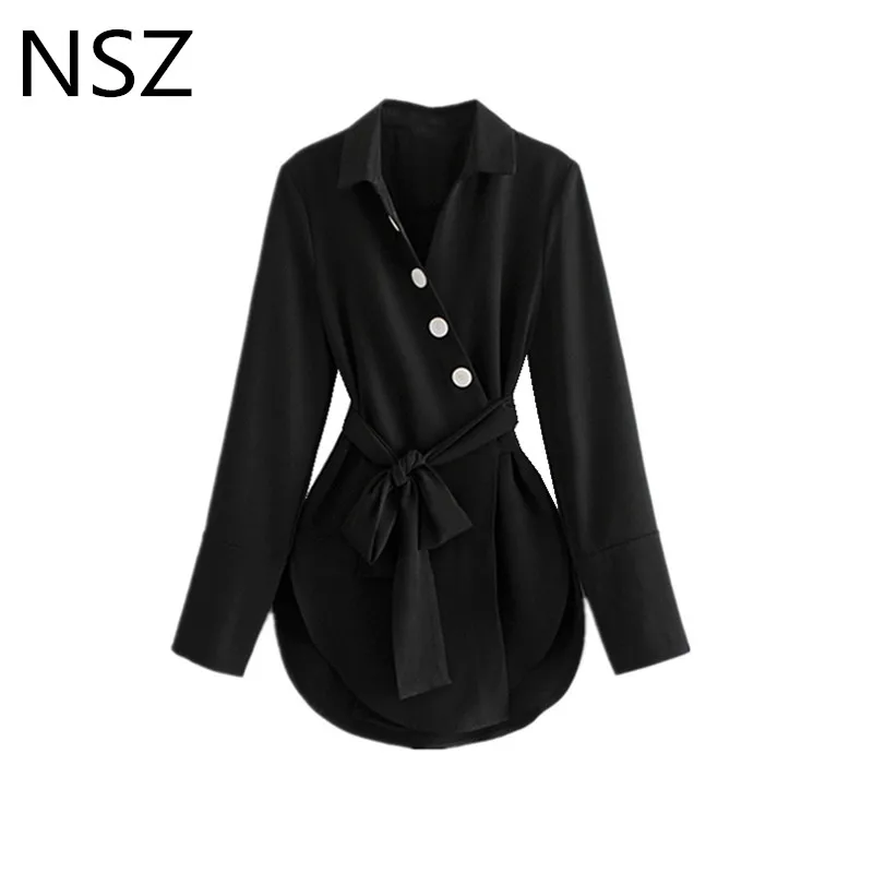

NSZ Women Satin Black Shirt Dress Long Sleeve Asymmetry Mini Dress With Belt Vestidos