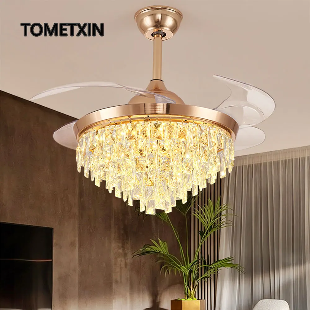 

Luxury crystal led ceiling fan ligth with remote control reverse Invisible DC 6-speed wind winter air circulate timer
