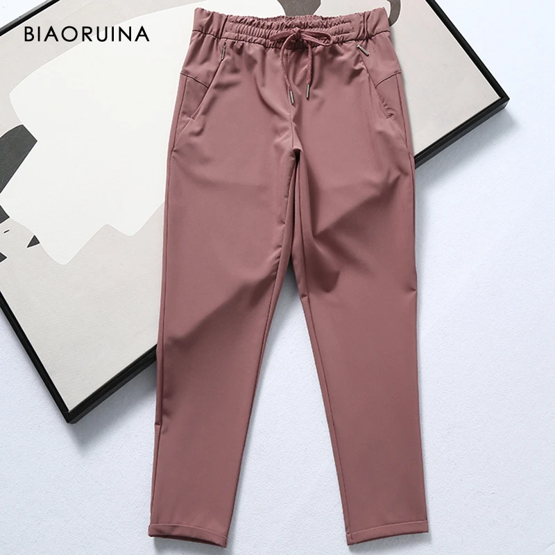 

BIAORUINA Women's Quick-drying Solid Color Elastic Mid Waist Ankle-Length Pant Active Wear Female Casual Basic Thin Trousers