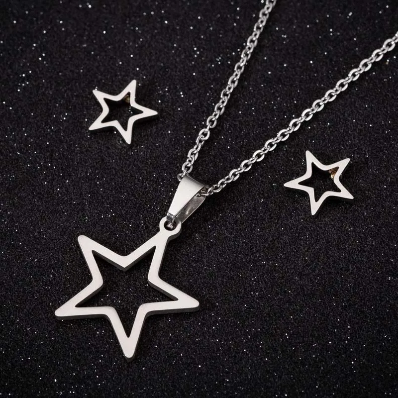 Hfarich, нержавеющая сталь, классический природный элемент, наборы, волна, снежинка, солнце, цветок, луна, молния, звезда, подвески, цепочка, ожерелье для женщин - Окраска металла: Star Set