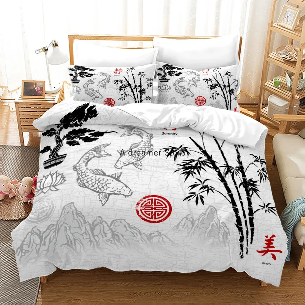 Chinese Ink Painting Plum Blossom Bamboo Bedding Set Fashion Art Duvet Quilt Cover With Pillowcases 200x200 Size Adults Textile