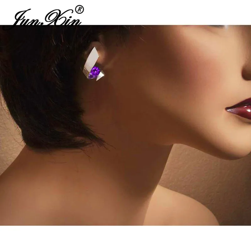 Irregular Purple Blue White Yellow Crystal Geometric Stud Earrings For Women 925 Silver Color Round Zircon Stone Earring Jewelry
