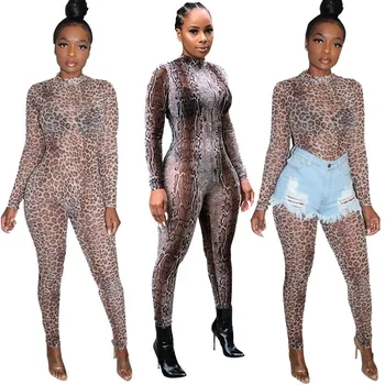 

Female Leopard Print Sexy Rompers Womens Jumpsuit Deep O Neck Full Sleeve One Piece Overall F440