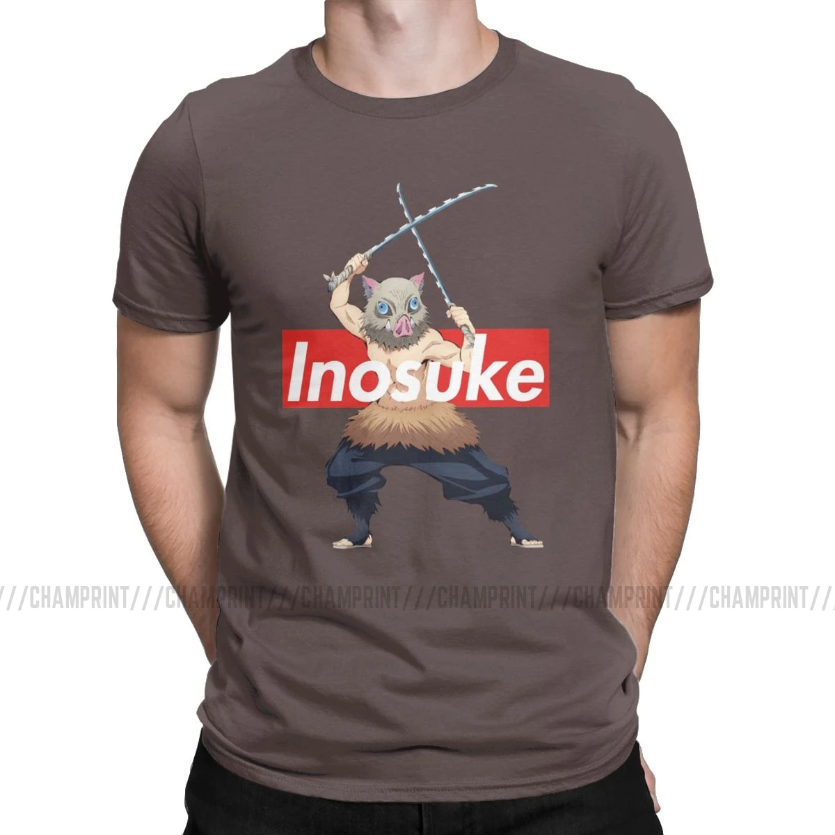 Коричневый Inosuke Hashibira Kimetsu No Yaiba аниме Мужская футболка Demon Slayer аниме Awesome Tees короткий рукав Футболка размера плюс одежда - Цвет: Коричневый