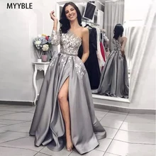 

MYYBLE Gray Muslim Evening Dresses 2020 A-line One-shoulder Appliques Slit Dubai Saudi Arabic Long Evening Gown Prom Dress