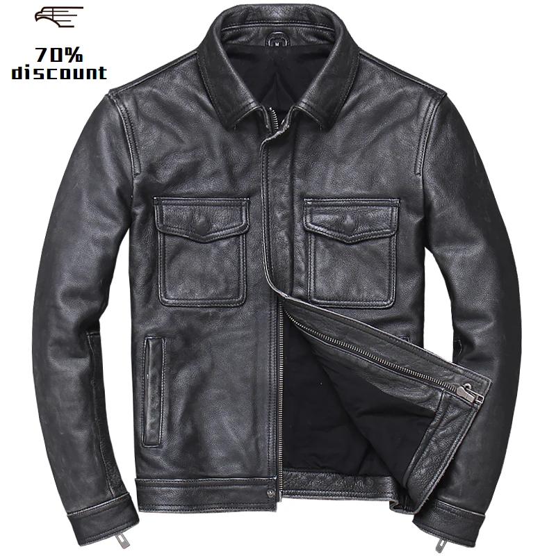 

2020 Vintage Black Men American Casual Style Leather Jacket Plus Size XXXXL Genuine Cowhide Autumn Russian Natural Leather Coat