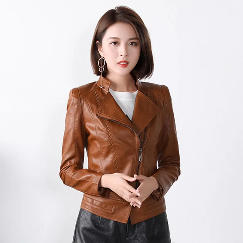

1pcs Women's Plus size jacket coats 2020 Autumn faux fur PU Leather zipper Splicing Small Jacket ladies Skinny locomotive coats