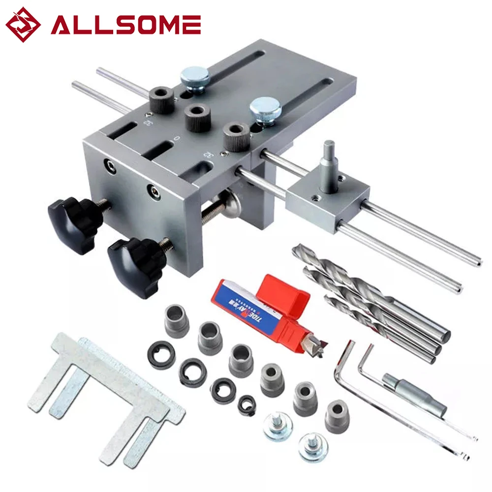 ALLSOME 3 In 1 Dowelling Jig 6/8/10mm Wood Drilling Guide Locator Adjustable Dowel Jig Kit For DIY Woodworking Tool