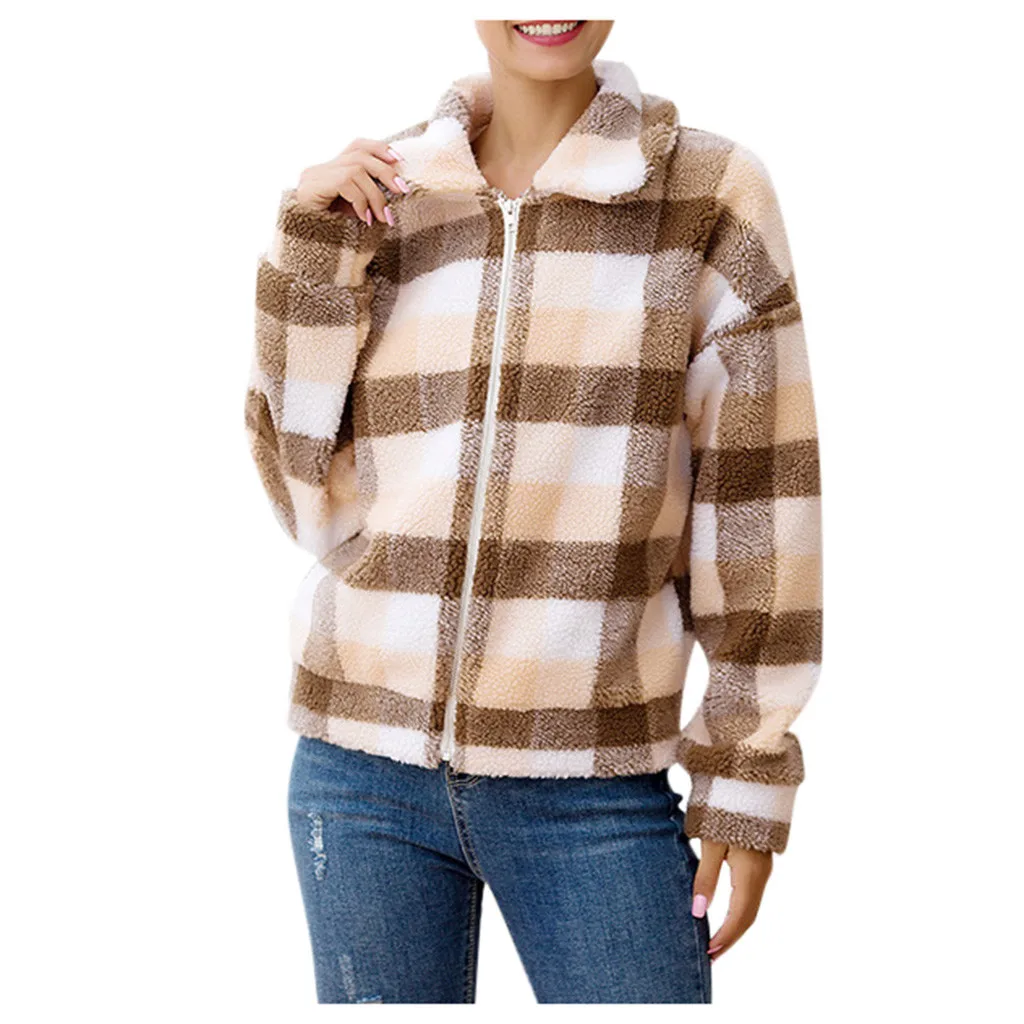 

Tide Fashion Winter Chequered Wool WoMen Zipper Short Wool Coat Solid Color Korean Slim Female Woolen Outwear Abrigo Mujer