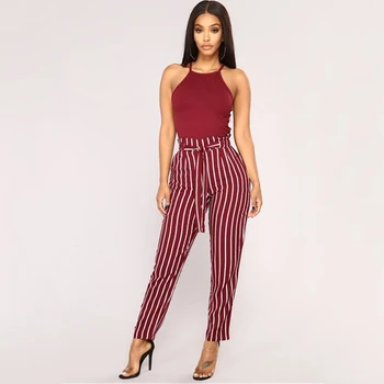 

2020 Summer New European And American Fashion Striped Pants Ankle Length Office Lady Sashes Bow High Waist Female Pants