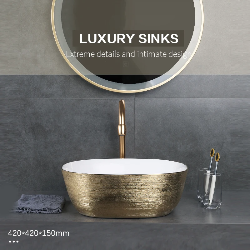 

Art Bathroom Ceramic Vessel Sinks Brushed Rose Gold Washing Basin Bowl Golden Matte Black White Luxury Basin Sink With Tap