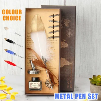 

Luxury Calligraphy Feather Dip Pen Writing Ink Set Stationery Gift Box with 5 Nib Wedding Quill Pen Metal Fountain Pen Set
