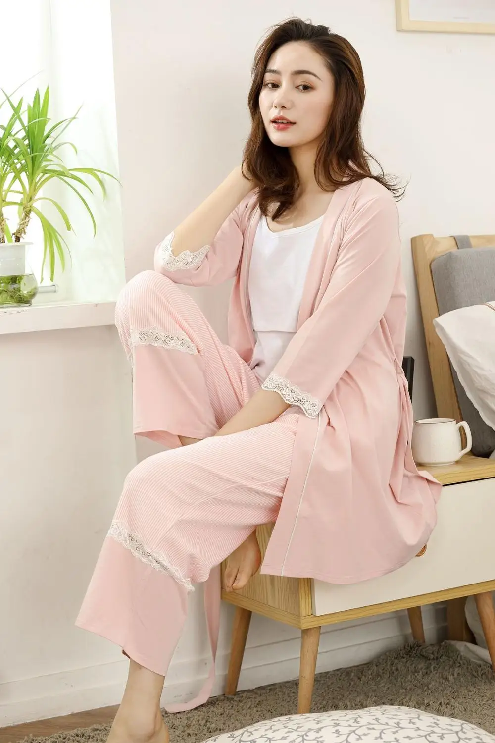 New Cotton Maternity Pajamas Sets Cardigan+Camisole+Trousers Belt Three