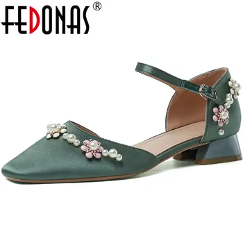 

FEDONAS Sweet Pearl Decoration Buttoned Sandals Summer Autumn Thick Heels Pumps Genuine Leather Party Dancing Shoes Woman Heels