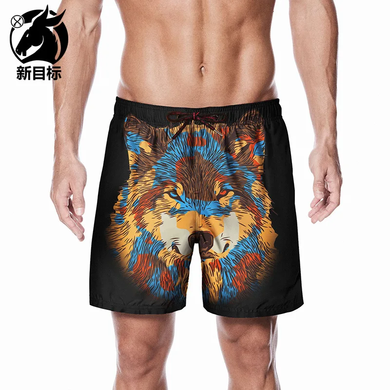

2019 New Style Summer Creative Wolf Head 3D Printed Surfing Quick-Dry Beach Shorts Large Size Peach Skin Lard-bucket Trunks Men'