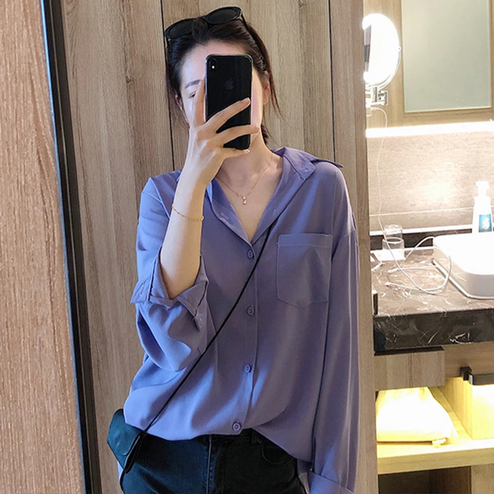 

Women Purple Big Size Blouse Chiffon New Lapel Long Sleeve Loose Fit Shirt Chic 2020 Spring Autumn Sweet Fashion Clothes
