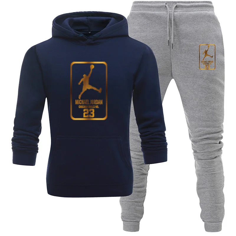 Navy blue gray Осенне-зимний спортивный костюм мужские толстовки с принтом комплекты флисовые теплые толстовки для бега Homme комплект из двух предметов Толстовка+ штаны - Цвет: Navy blue gray