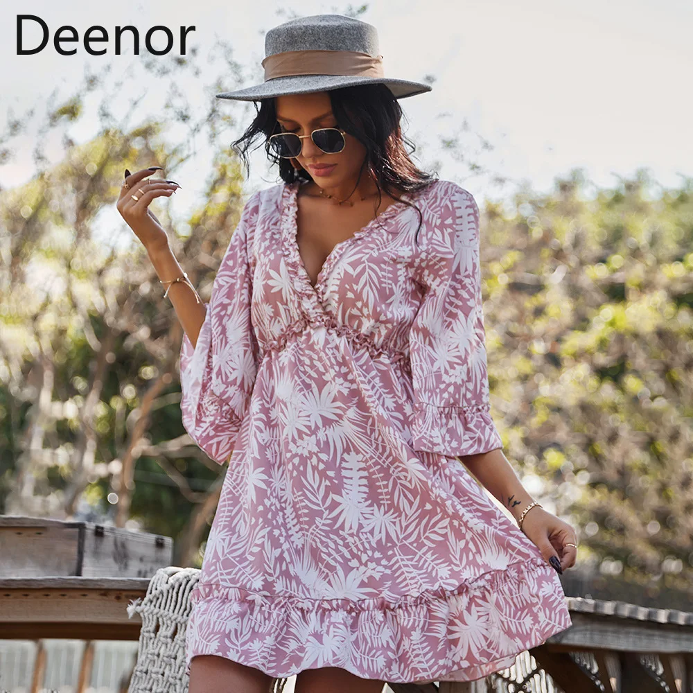 

Deenor Women Short Sleeve Dress Floral Print Casual Female Dresses Sexy V-neck Boho Beach Sundress summer clothing for women