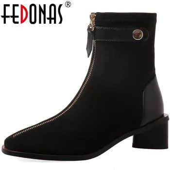 

FEDONAS Fashion Zipper Female Ankle Boots Suede Leather Metal Decoration Thick Heels Shoes Foe Women Party Working Shoes Woman