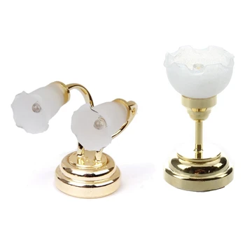 

1Pcs 1:12 Doll House Miniature Led Mini Double Headed Wall Lamp Light & 1Pcs Ceiling Light - Golden