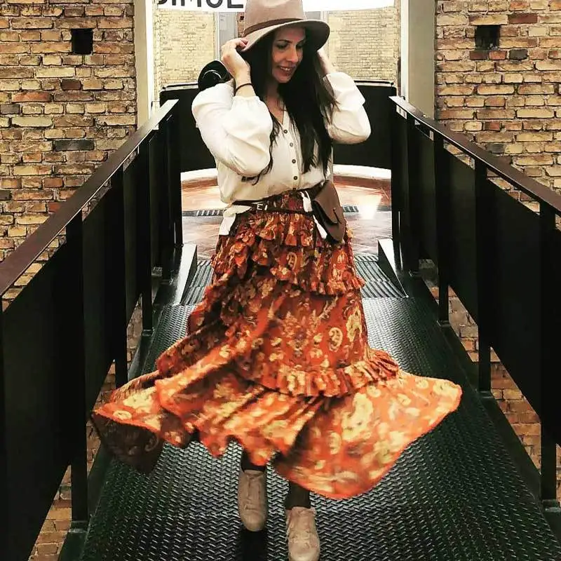 GypsyLady, женские юбки с принтом пейсли и оборками, эластичная талия, длинная юбка в стиле бохо, кружевная отделка, многослойная летняя юбка с оборками