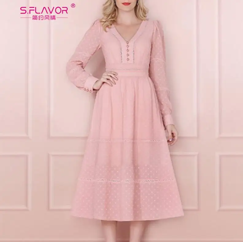 S. FLAVOR элегантное женское платье на пуговицах, Весенняя мода, длинный рукав, ТРАПЕЦИЕВИДНОЕ, винтажное, Vestidos, женское, v-образный вырез, выдалбливают, сексуальное платье средней длины - Цвет: pink