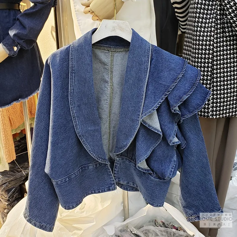 

Short Jeans Jacket Women 2020 Autumn New V Neck Layers of Ruffles Design High Waist Jeans Coat Lady Fashion Clothes