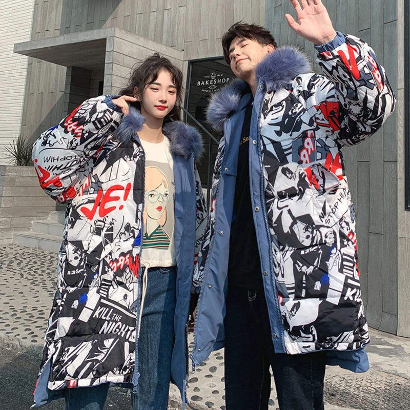 Зимняя длинная куртка Мужская/женская одежда Harajuku ветровка Толстые теплые мужские пальто парка большой меховой воротник Повседневная куртка с капюшоном