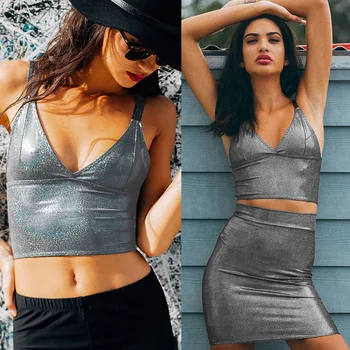 

Sexy Skinny Sling Vest Women's New Laser Top Sequin Silver Deep V-neck Spaghetti Shoulder Strap One Piece Pure Color Sling