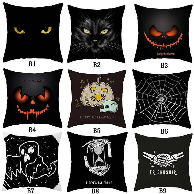 New Arrival 45cm*45cm Halloween Peach Velvet Pillowcase Cat Ghost Witch Pumpkin Printed Square Pillowcase Home Pillowcase