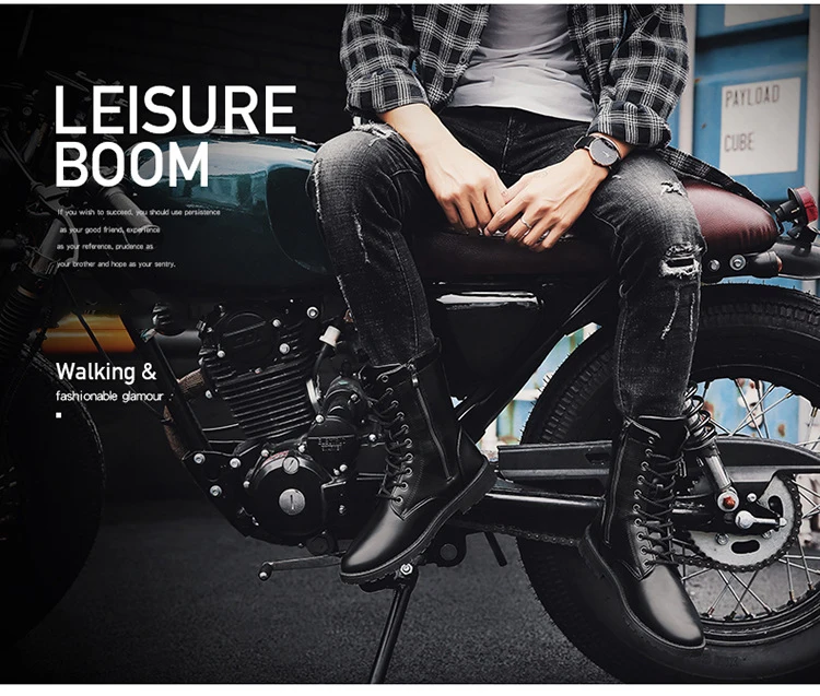 Winter Men Motorcycle Boots Fashion Mid-Calf Punk Rock Punk Shoes Mens BootsLeather Black High top Casual Boot Man