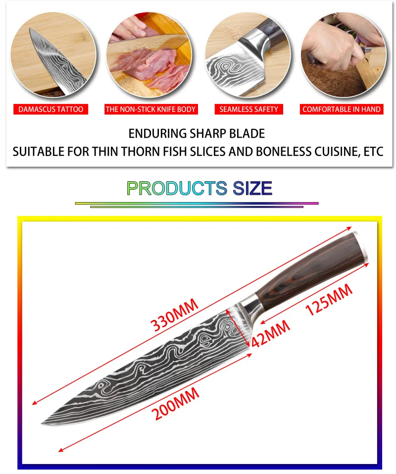 Jaswehome нож шеф-повара с деревянной разделочной доской, набор лазерных дамасских ножей, нож для резки, Подарочный нож, кухонный набор