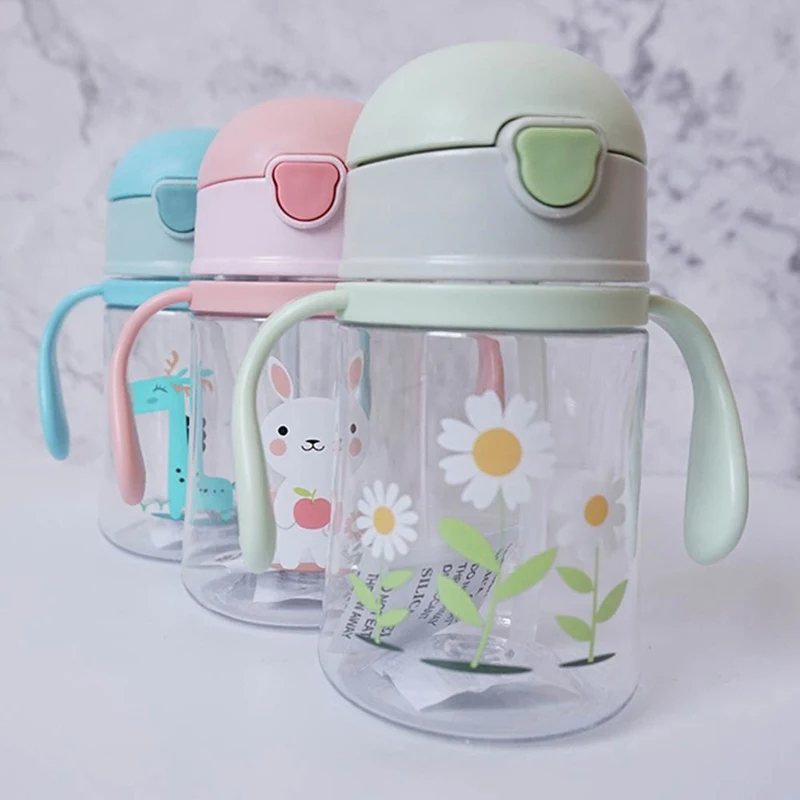 

Children Learning Water Cup With Handle Cute Cartoon Baby Straw Anti-fall Cup Water Bottles Outdoor Portable Kids Drinking Cups