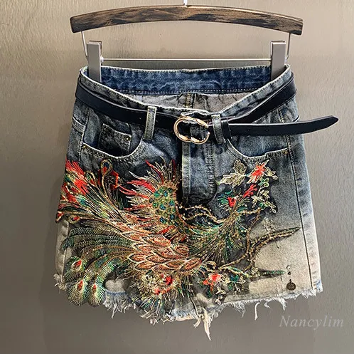 

2020 Summer Denim Short Skirt Women's Loose New High Waist Sequins Embroidery Straight Anti-Exposure Fashion Jeans Skirts