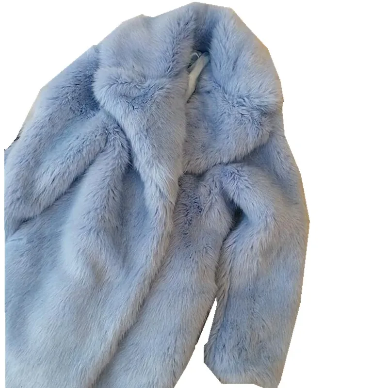 Sunimperial light blue shaggy women faux fur jacket mid length coat