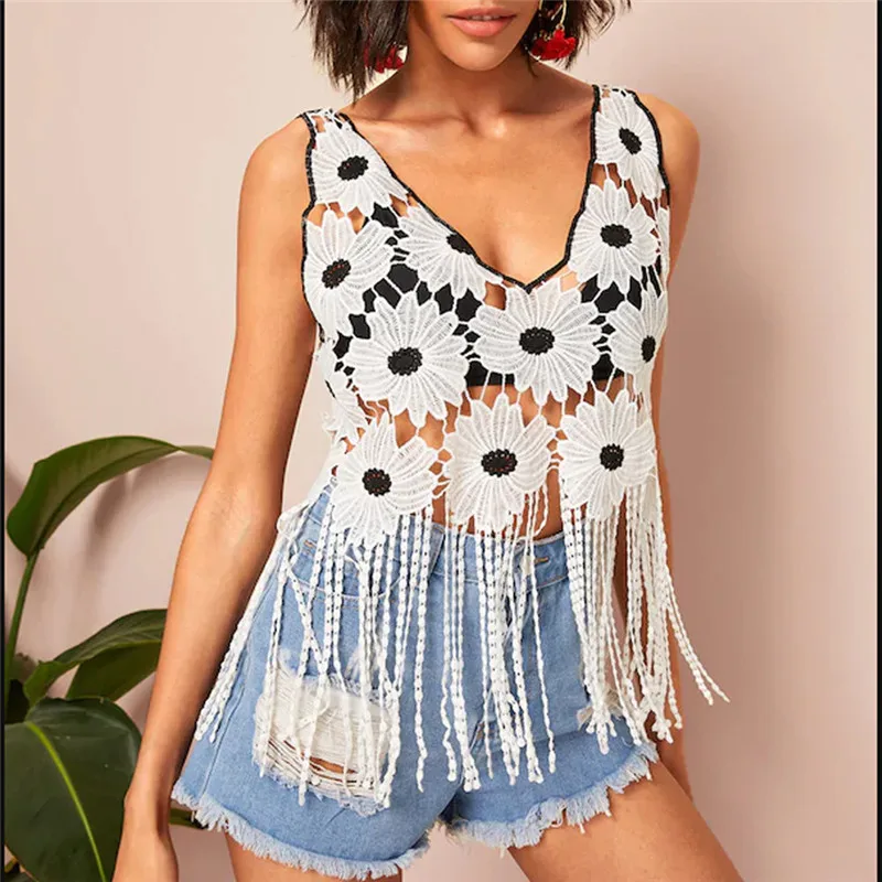 Sexy Womens Tassel Lace Hollow Out Vests Female Lady White Flower V Neck Summer Tanks Loose Holiday Beach Tank Tops Women
