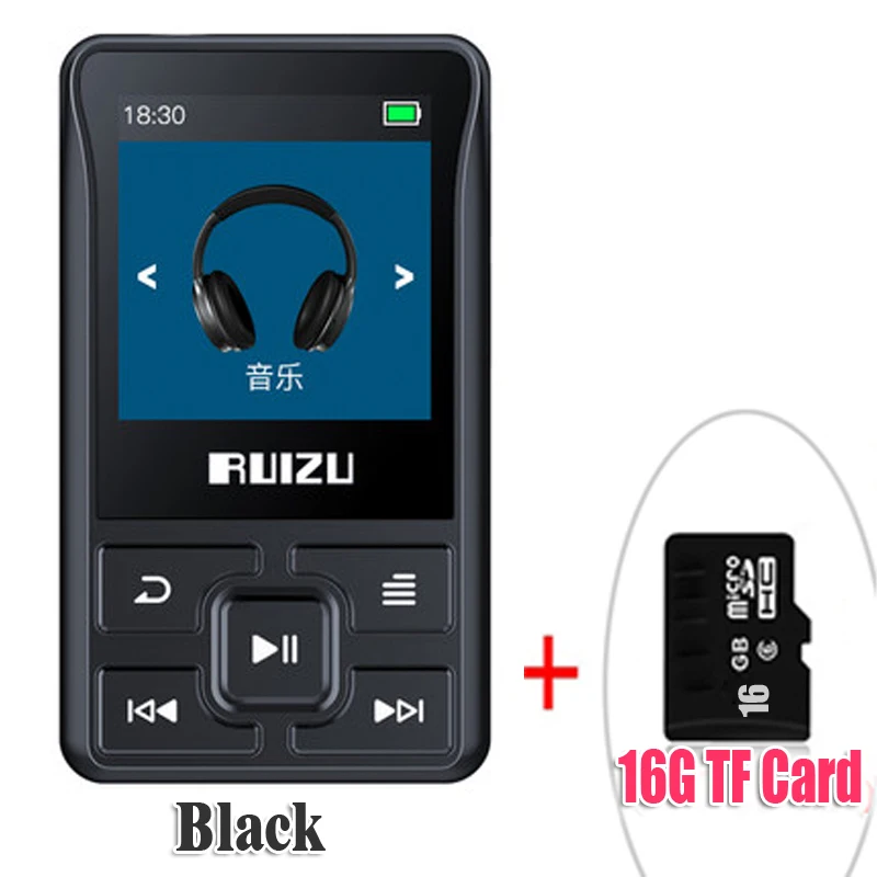 Новейший Спортивный Bluetooth MP3-плеер RUIZU X55, 8 ГБ, мини-клип с поддержкой экрана, FM, запись, электронная книга, часы, шагомер - Color: BlackWith16GBTFcard
