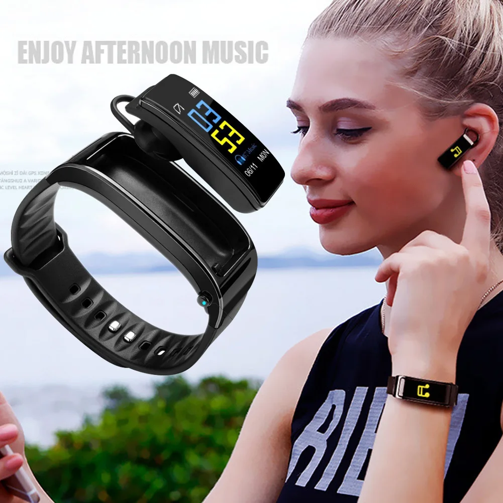 2 в 1 умный браслет с Bluetooth наушники HeartRate монитор водонепроницаемые часы XR649 - Цвет: Черный
